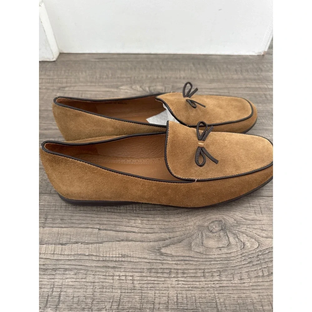 Lands End Womens Tan Suede Bow Loafers Moc Toe Flats 10B 9639S Made in Brazil